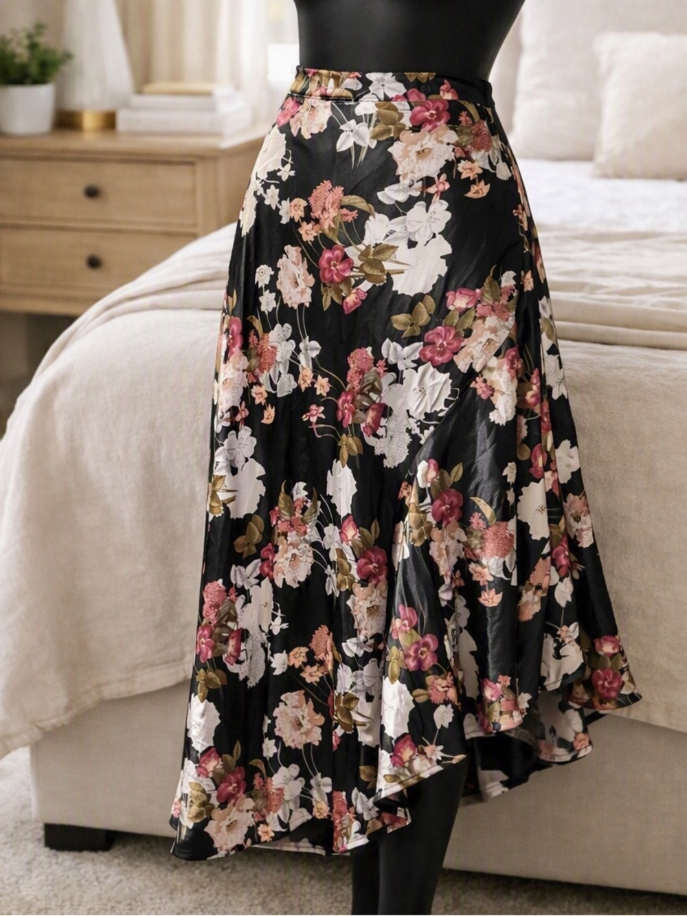 Listicle Black Floral High-Low Midi Skirt with Pink & Cream Blooms